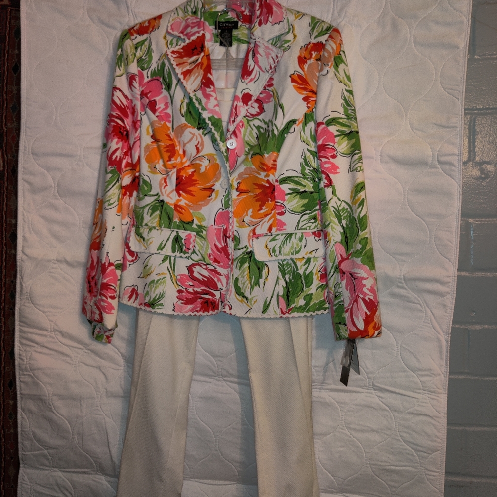 Foral blazer and white slacks